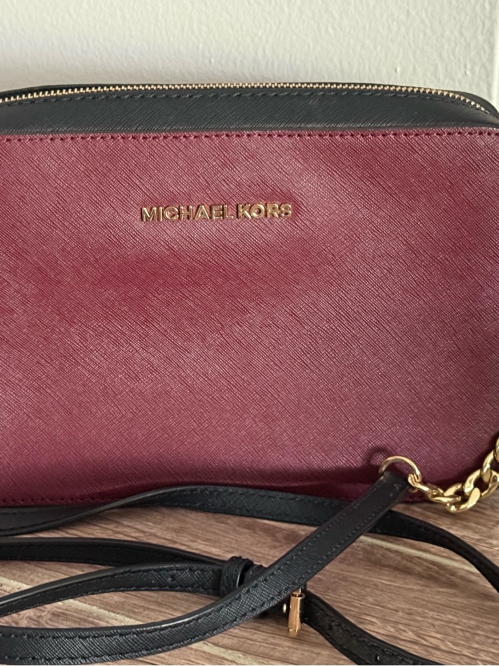 Michael Kors Burgundy and Black Saffiano Crossbody with Gold Hardware